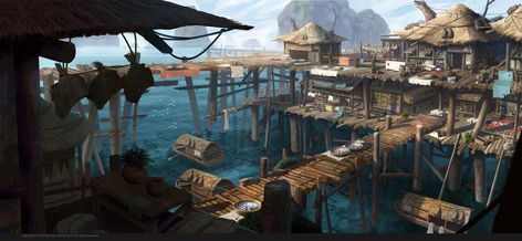 Village Concept Art, Floating Village, Fantasy Architecture, Pirate Island, Beach Village, Fantasy Town, Building Concept, Scenery Background, Location Inspiration