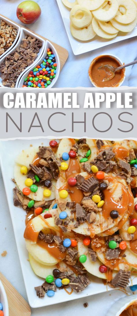 Make a caramel apple nacho bar for you next birthday party or summer bbq. Slice apples and top wth caramel, peanut butter and your choice of candy toppings, raisins, or with yougurt & berries. Apple Nacho Bar, Caramel Apple Nachos, Caramel Apple Bar, Apple Nachos Recipe, Dessert Nachos, Caramel Apple Bars, Animals Tattoos, Apple Nachos, Nacho Bar