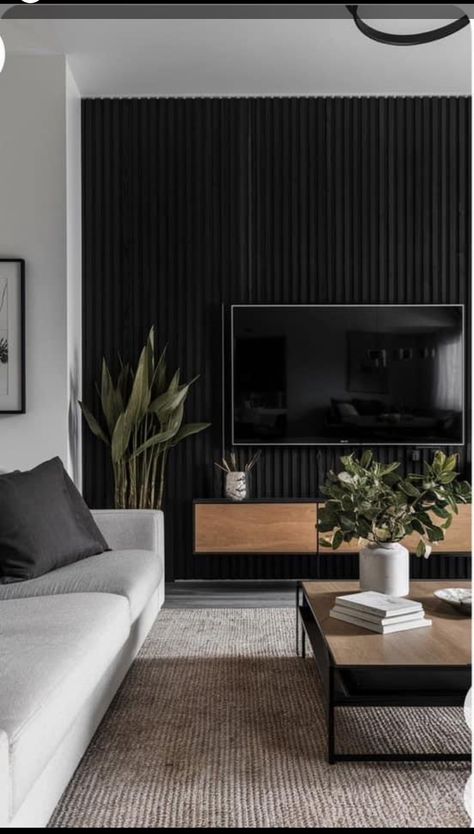 Tv Wall Styling Living Rooms, Wood Slat Wallpaper Living Room, Dark Feature Wall Living Room Tv, Black Wood Slat Tv Wall, Tv On A Black Wall, Modern Tv Room Wall, Tv On Dark Wall, Black Tv Wall Ideas, Black Wall Tv Living Room