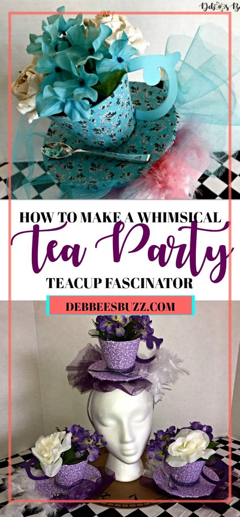 Yea Party Hats, Paper Fascinator Diy, Fasinators Diy Ideas, Tea Party Hat Craft, Diy Tea Party Hats For Women, Fasinators Diy How To Make, Diy Fascinator Headband Tea Parties, Alice In Wonderland Fascinator, Diy Giant Tea Cup Prop