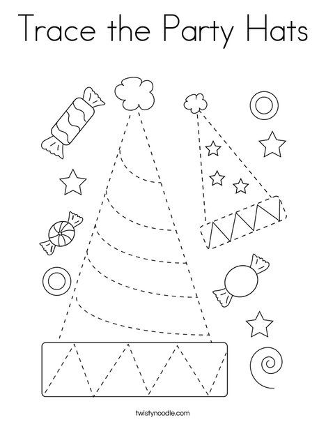 Trace the Party Hats Coloring Page - Twisty Noodle Drawing Tracing, Dinosaur Worksheets, Trace And Color, Twisty Noodle, Reading Comprehension Lessons, Preschool Tracing, Preschool Writing, English Worksheets For Kids, Birthday Activities