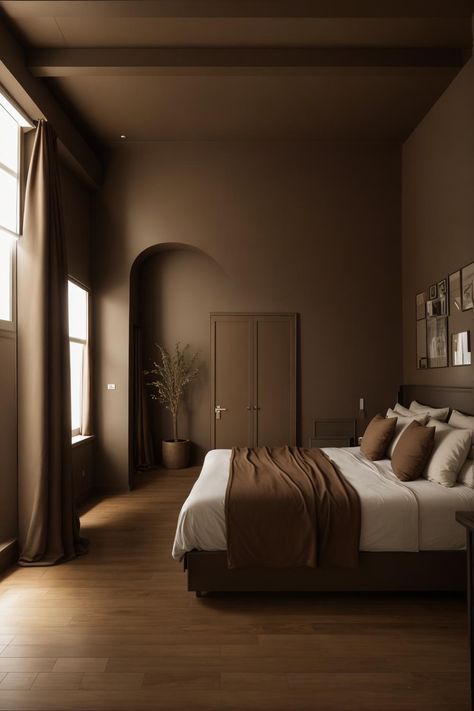 House Design Earth Tones, Caramel Brown Bedroom, Bedroom Brown Curtains, Brown Rooms Ideas, Sand Colored Bedroom, Brown Wall Painting Ideas, Brown Wall Aesthetic, Dark Brown Wall Paint, Earth Tone Walls