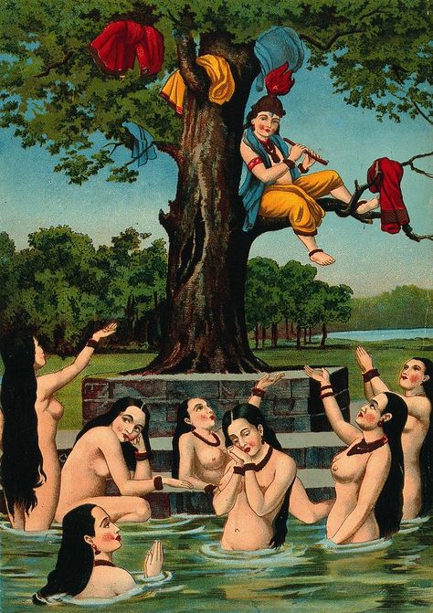 Krishna sitting in a tree above water with the gopis' clothes, while the naked gopis plead for their garments. Chromolithograph. | free image by rawpixel.com Image Of Krishna, Krishna Sitting, Lord Krishna Sketch, Krishna Hindu, Belly Dance Dress, Wellcome Collection, Sitting In A Tree, Indian Art Gallery, Tarot Cards Art