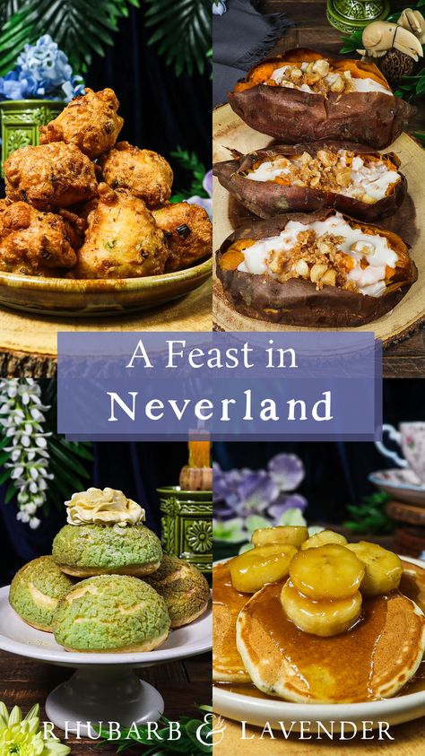 Prepare a Disney-themed feast inspired by Peter Pan and the characters of Neverland! These enchanting Neverland recipes are fit for grown-ups or a whimsical dinner party with tropical cocktails and recipes inspired by Tinkerbell, Captain Hook, the Lost Boys and the Mermaid Lagoon. Essen, Hook Themed Dinner, Neverland Party Food, Neverland Food Ideas, Fantasy Dinner Recipes, Hook Movie Food, Dnd Dinner Ideas, Peter Pan Desserts, Movie Themed Recipes