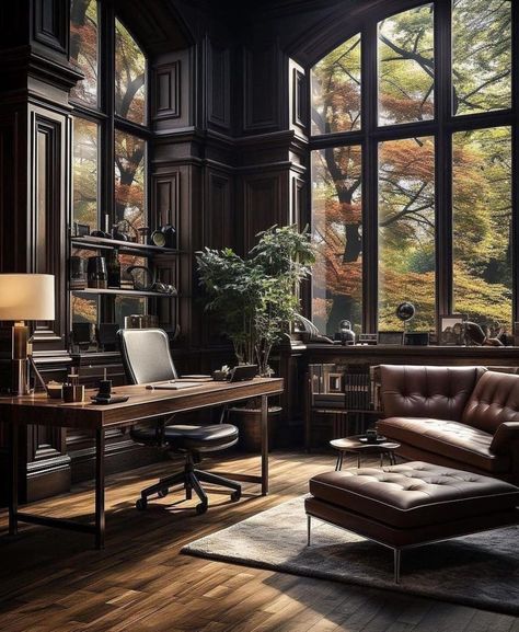 Just Decorate! | Home office 🖤 Vintage Office Decor Ideas, Interior Magazine, Office With A View, Dreamscape Architecture, Writing Desks, Leather Office, Loft Design, Home Office Setup, Office Room