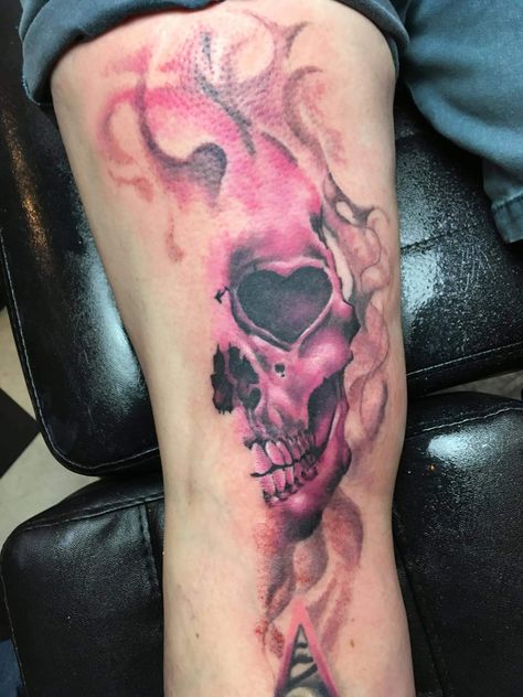 Illusion Skull Tattoo, Purple Skull Tattoo, Flame Tattoos For Women, Pink And Black Tattoo Ideas, Pink Skull Tattoo, Pink Sleeve Tattoo, Skull With Flames Tattoo, Skull Sleeve Tattoos For Women, Candy Skull Tattoo For Women