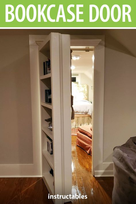 Hidden Doorway Bookcase, Cover A Door With Shelves, Hidden Door Bookcase Plans, Closet Murphy Door, How To Build A Secret Bookcase Door, Double Sided Bookcase Door, Double Hidden Door, Book Case Door Diy, Diy Hideaway Door