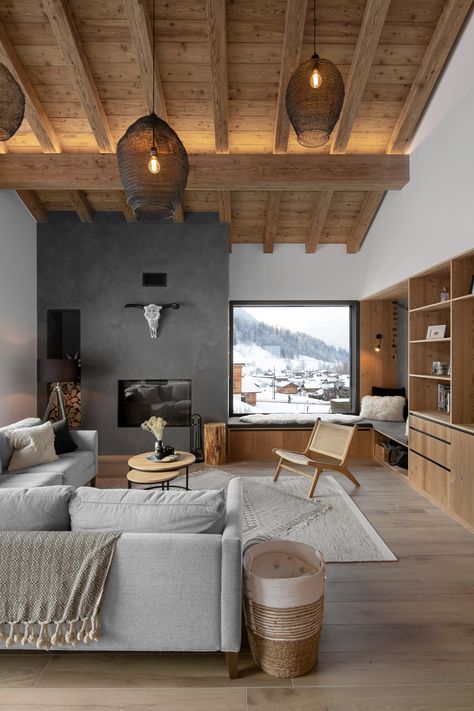 Modern Chalet Interior, Ski Chalet Interior, Chalet Living Room, Mountain House Interior, Luxury Chalet Interior, Ski House Decor, Chalet Interior Design, Alpine House, Mountain Interiors