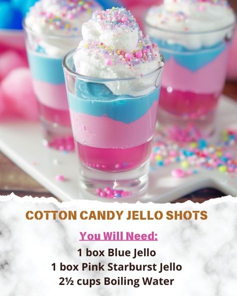 Karla's Recipes | Cotton Candy Jello Shots 🍭 | Facebook Cotton Candy Jello Shots Recipe, Candy Jello Shots, Pink Jello, Blue Jello Shots, Kawaii Party, Jell O Shots, Blue Jello, Blue Cotton Candy, Pink Starburst