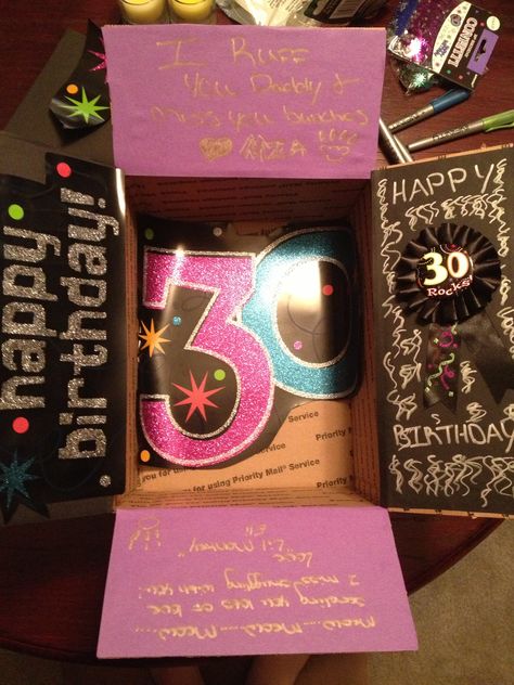 30th birthday care package! Upcycling, 30th Birthday Care Package Ideas, Birthday Care Package Ideas, Birthday Surprise Ideas For Best Friend, 30th Birthday Gifts For Best Friend, Best Friend Birthday Surprise, Birthday Photoshoot Ideas Boys, Birthday Care Package, Best Birthday Surprises