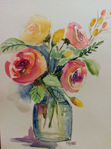 Flower vase in watercolor by Chris Reynolds Flower Vase Art Painting, Flower Vase Painting Watercolor, Flower Vase Watercolor, Watercolor Vases, Watercolor Flowers In Vase, Chris Reynolds, Watercolor Vase, Flower Vase Drawing, Flower Vase Painting