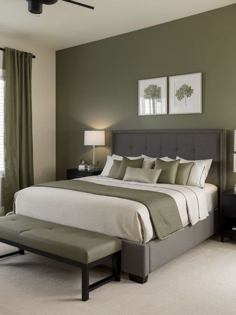 Grey Headboard Bedroom Green Walls, Dark Green And Grey Bedroom Ideas, Accent Wall Neutral Colors, Khaki Green Bedroom, Green Grey Wood Bedroom, Painted Bedroom Ideas, Grey Bed Green Wall, Dark Grey Bed Green Wall, Olive And Grey Bedroom