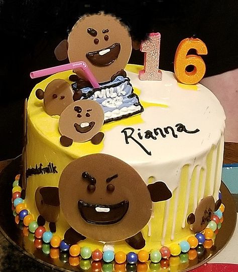 BT21- "Shooky" Cake Buttercream, chocolate dec, and white chocolate ganache drip. Shooky Bt21 Cake, Rj Cake, White Chocolate Ganache Drip, Shooky Bt21, Chocolate Ganache Drip, Ganache Drip, Buttercream Chocolate, Cake Buttercream, Party 2023