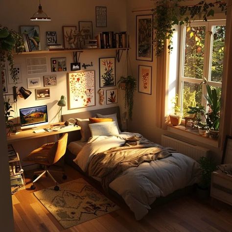 Bedroom With Desk, Bedroom Built Ins, Cozy Bedroom Design, Bedroom Color Combination, Bedroom False Ceiling Design, Bedroom Setup, Cozy Room Decor, Dream Room Inspiration, Small Room Bedroom