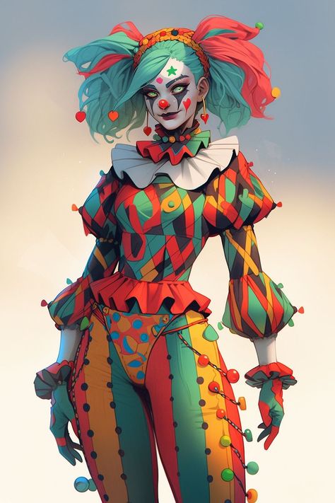 Female Court Jester, Clown Character Design Girl, Female Jester Art, Dnd Jester Character, Clown Character Art, Dnd Clown, Court Jester Character Design, Jester Dnd, Circus Oc Art