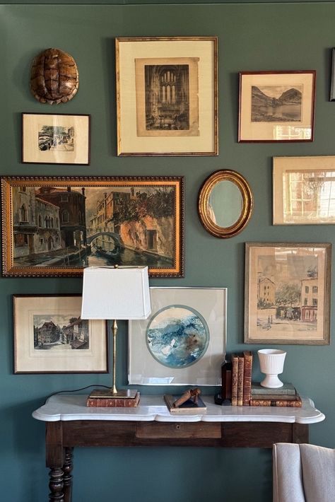 fran-keenan-gallery-wall-copy Sitting Room Gallery Wall, Old World Gallery Wall, Gallery Wall Of Paintings, Gallery Wall Above Bench, Small Vintage Gallery Wall, Tiny Gallery Wall, Curated Gallery Wall, Layered Gallery Wall, Vintage Family Photo Wall