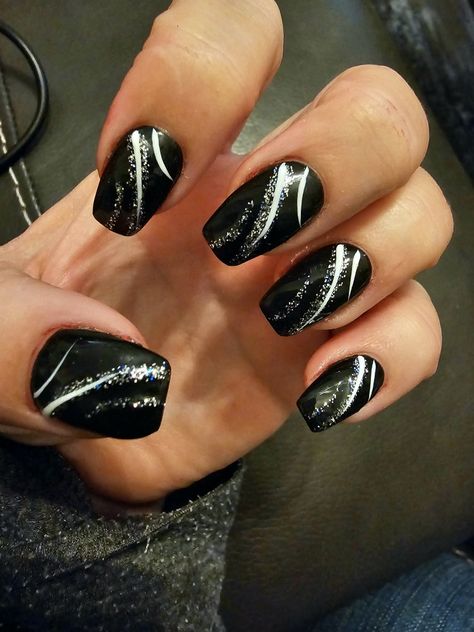 Holiday party nails, black, silver and white Elegant Nails Black And Silver, Simple Nail Patterns, Black Nails With Silver Tips, Black Silver White Nails, Black Nails With Silver Design, Black N Silver Nails, Party Nails Black, Black Silver Nails Design, Black White Silver Nails