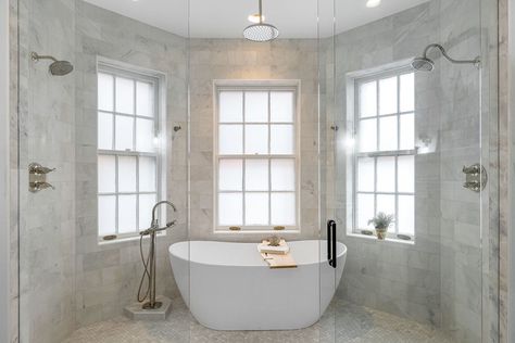 Bathtub Bay Window, Tub In Bay Window, Shower With Bay Window, Shower In Bay Window, Bay Window In Bathroom, Traditional Wet Room Bathroom, Bay Window Shower Ideas, Bay Window Bathroom Ideas, Bathroom With Bay Window