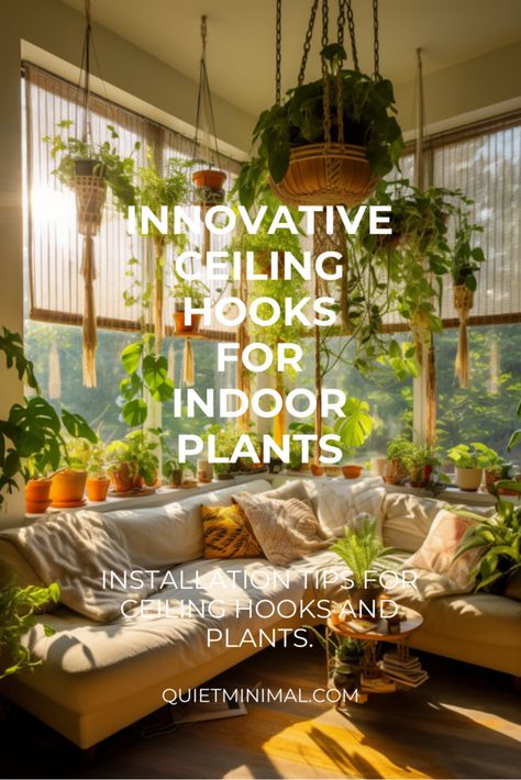 Follow our step-by-step guide to hanging plants from the ceiling. Securely mount your plants with confidence. #StepbyStep #CeilingHooks #HangingPlants #HomeDIY Plants Vaulted Ceiling, Indoor Plant Hangers Ceiling, Vaulted Ceiling Plants, Hanging Plants Vaulted Ceiling, Boho Hanging Plants, Ceiling Plant Hanger, Hang Plants From Ceiling, Indoor Plant Ideas, Indoor Plant Hangers