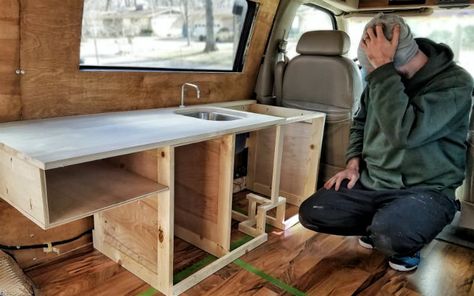 How We Made Custom Kitchen Cabinets for Our DIY Van Build 15 Van Conversion Cabinets, Van Life Kitchen, Diy Van Build, Camper Van Kitchen, Home Van, Building Kitchen Cabinets, Camper Kitchen, Diy Campervan, Small Kitchen Cabinets