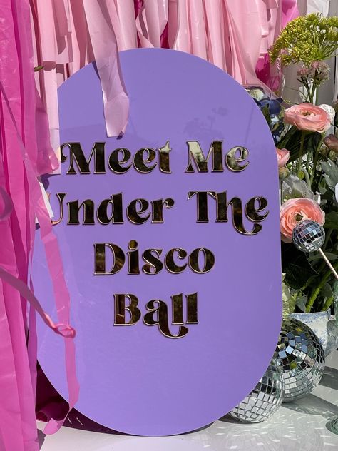 Meet Me Under The Disco Ball, Hen Party Disco Theme, Botanical Disco Wedding, Disco Themed Decorations, Disco Ball Wedding Theme, Outdoor Disco Wedding, Disco Ball Theme Party Decor, Disco Ball Wedding Table Decor, Rave Wedding Theme