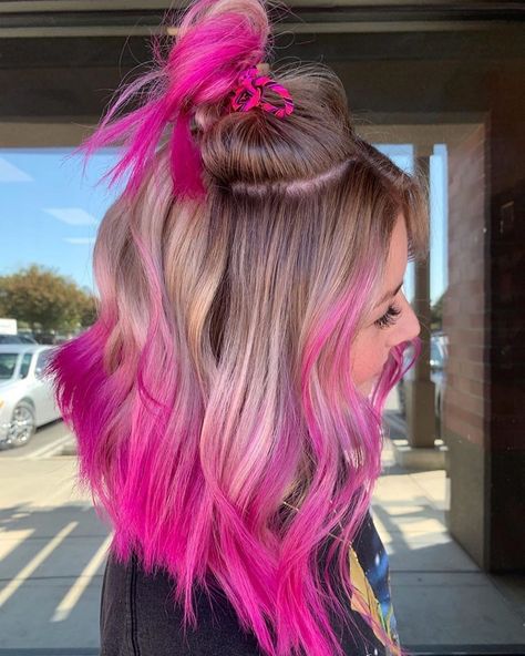 Balayage Purple Hair Blonde, Hot Pink And Blonde Hair Highlights, Unique Vivid Hair, Vivid Color Money Piece, Bold Money Piece Hair Color, Blonde And Vivid Hair Color Ideas, Blonde Vivid Hair, Hair Color Ideas Vivid, Blonde Hair With Vivid Colors