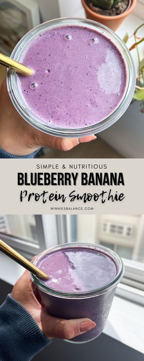 Blueberry Banana Protein Smoothie - WINNIESBALANCE Blueberry Banana Smoothie Recipes, Afternoon Smoothie, Banana Smoothie Healthy, Banana Protein Smoothie, Fresh Fruit Smoothies, Blueberry Banana Smoothie, Homemade Smoothies, Protein Smoothie Recipes, Banana Protein