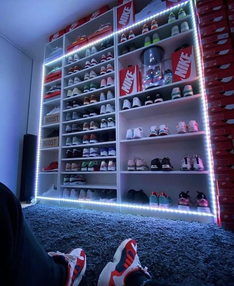 Sneakerhead Bedroom, Sneakerhead Room, Hypebeast Room, Shoe Room, Shoe Wall, Room Design Bedroom, Dream Room Inspiration, Room Makeover Bedroom, Room Makeover Inspiration