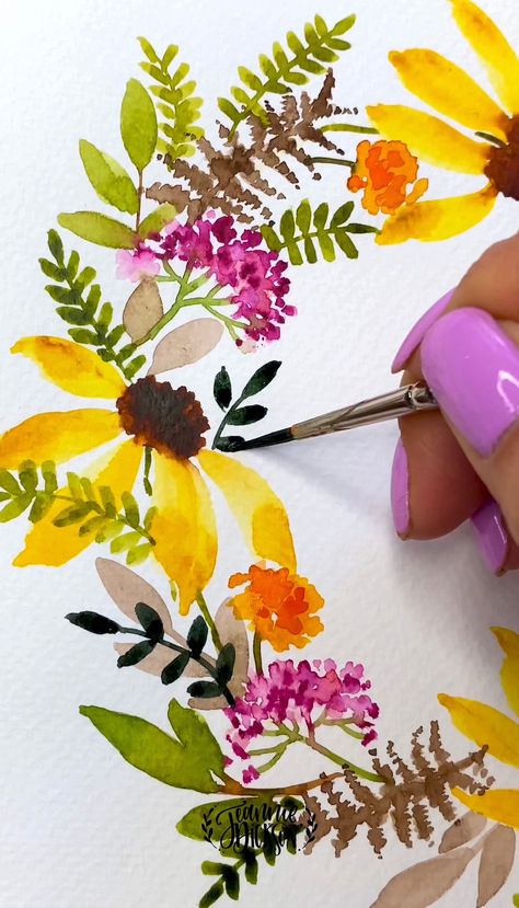 Watercolor Floral Wreath Tutorial, Fall Flowers Watercolor Paintings, How To Paint Fall Flowers, Watercolor Wreath Floral Tutorial, Watercolor Wreaths Floral, Fall Floral Watercolor, Watercolor Wreath Simple, Autumn Flowers Painting, Watercolor Fall Wreath