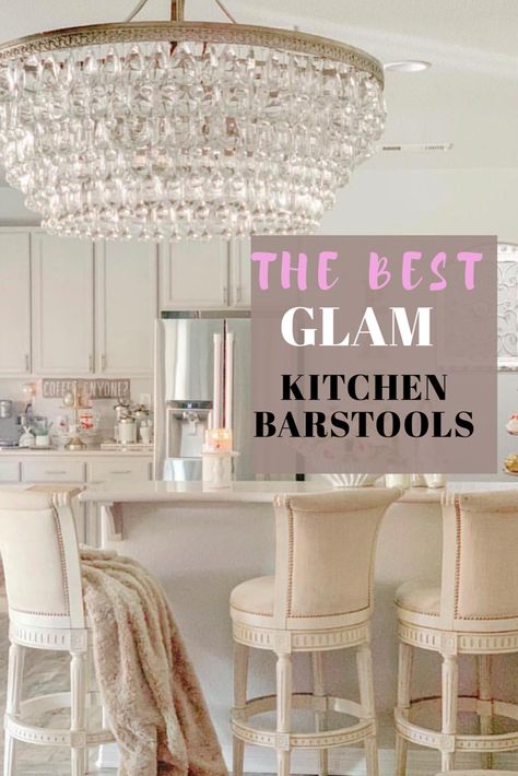 Glam Kitchen Island Decor, Elegant Bar Stools Kitchen Island, Small Glam Kitchen, Glam Breakfast Nook, Glam Kitchen Ideas, Boujee Kitchen, Farmhouse Glam Kitchen, Farmhouse Glam Decor, Rustic Glam Kitchen