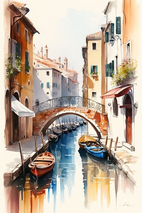 Venice Painting Watercolors, Venice Painting, Watercolor Art Landscape, Watercolor Architecture, Italy Painting, Architecture Drawing Art, Download Poster, Architecture Painting, Landscape Art Painting