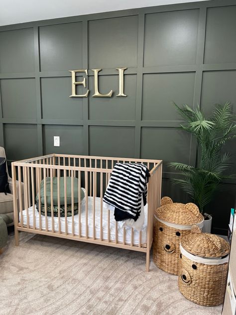 Hunter Green Accent Wall Nursery, Dark Green Nursery Accent Wall, Sage Green And Brown Nursery, Hunter Green Nursery Boys, Green Crib Nursery, Green Baby Boy Nursery, Liam Nursery, Hunter Green Bedrooms, Boys Bedroom Grey