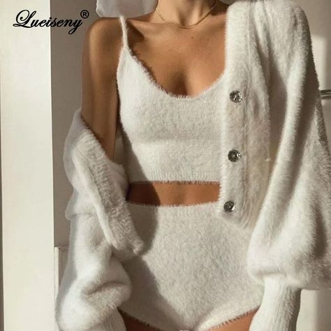 Two Piece Sets Outfits, Trendy Crop Tops, Stylish Scarves, Cardigan Crop, Mohair Cardigan, Complete Outfits, Set Outfit, Sweater And Shorts, Long Sleeve Cardigan