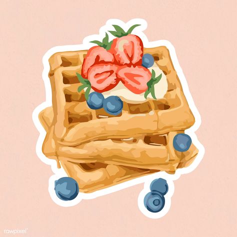 Vectorized waffles topped with berries sticker overlay with a white border on a pink background | free image by rawpixel.com / Aew Breakfast Drawing, Pancake Drawing, Sticker Overlay, Drawings For Him, Strawberry Png, Stickers Cool, Pancake Art, Peach Background, Breakfast Waffles