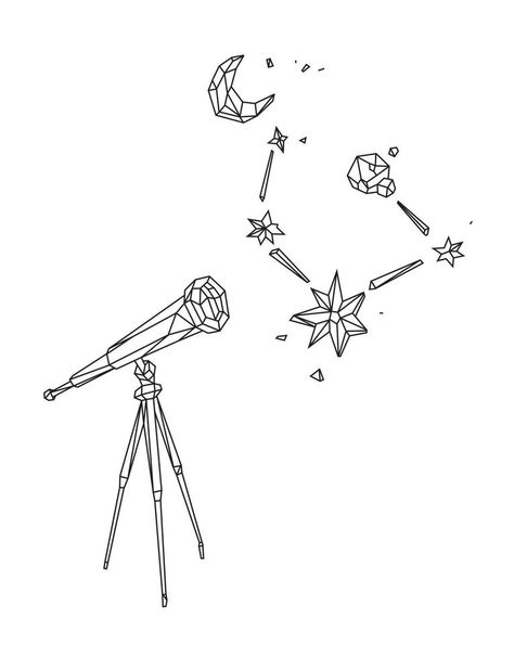 Low poly illustration of a telescope against a starry sky and the moon. Vector. Outline drawing. Retro style. Background, symbol, emblem for the interior. Business metaphor. Tumblr, Telescope Tattoo Small, Starry Sky Drawing, Telescope Tattoo, Telescope Drawing, Poly Illustration, Drawing Retro, Nerdy Tattoos, Jacket Drawing