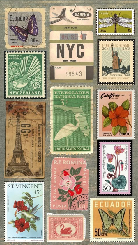 Mail Stamps Aesthetic, Mail Stamp Aesthetic, Stamps Aesthetic Vintage, Aesthetic Vintage Letter Ideas, Postage Stamp Aesthetic, Scrapbook Stickers Printable Vintage Aesthetic Green, Vintage Postage Stamps Printable, Journal Pics To Print, Aesthetic Postcard Printable