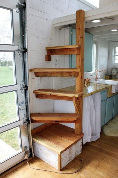 Chic Tiny House, Tiny House Living Room, Small Barndominium, Tiny House Stairs, Loft Stairs, Shed To Tiny House, Tiny House Loft, House Loft, Tiny House Inspiration