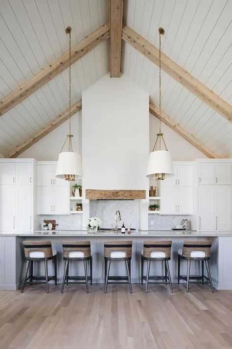 Kitchens With Vaulted Ceilings And Beams, Warner House, Scandanavian Interiors, Kitchen Open Concept, Chalet Kitchen, Slab Backsplash, Vaulted Ceiling Kitchen, Hardware Ideas, Grey Walls Living Room