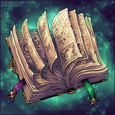 Spellbook, Candra Gloomblade on ArtStation at https://www.artstation.com/artwork/QzRrgx Fantasy Spellbook Art, D&d Spellbook, Fantasy Objects Magic, Magic Scroll Fantasy Art, Dnd Book Art, Magic Books Fantasy Concept Art, Grimoire Book Fantasy Art, Spell Book Dnd, Spellbook Fantasy Art