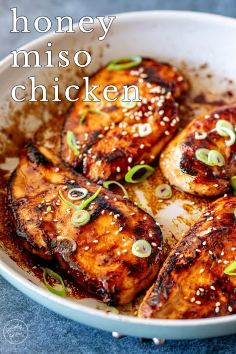 For a quick, flavorful dinner, this Honey Miso Chicken cooked in a skillet is an absolute must-try! The chicken breasts are marinated in a delicious mix of sweet honey and savory miso and are seared to golden perfection. The miso and honey work together beautifully, balancing each other out, while the skillet ensures the chicken stays juicy on the inside and gets a gorgeous caramelized crust on the outside. Served with sticky rice, it's a quick, easy meal that's bursting with flavor! Asian Chicken Breast Recipes, Chicken Breast Recipes Dinners, Easy Fast Dinner, Miso Recipe, Easy Fast Dinner Recipes, Miso Chicken, Sprouts Recipes, Honey Glazed Chicken, Chicken Breast Recipes Easy