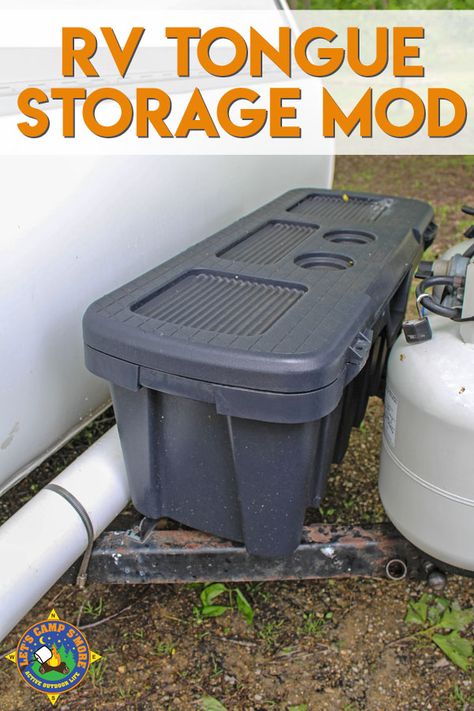 Camper Outside Storage Ideas, Camper Tongue Storage, Rv Outside Storage Ideas, Trailer Tongue Storage, Rv Tongue Storage, Travel Trailer Modifications, Travel Trailer Storage, Tent Trailer Camping, Hybrid Camper