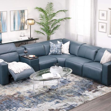 Midnight Blue Leather Sofa Living Room, Light Blue Leather Couch, Blue Leather Sectional, Blue Leather Couch, Grey Leather Couch, Modern Contemporary Sofa, Leather Sectional Living Room, Leather Sofa Decor, Modern Recliner Sofa