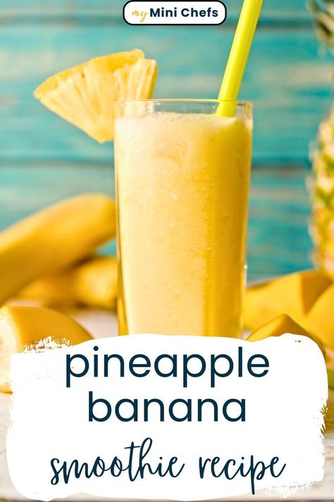 Pineapple Banana Smoothies make a delicious, healthy and refreshing snack, breakfast or lunch. They take less than 2 minutes in your blender and turn out smooth, creamy, and full of tropical fruit flavor. Ninja Blender Recipes Smoothies Healthy, Pineapple Banana Smoothie Healthy, Pinapple Recipes Juice, Banana And Pineapple Smoothie, Good Smoothie Recipes Fruit, Smoothie Recipes With Pineapple, Easy Smoothie Recipes Healthy, Pineapple Yogurt Smoothie, Ninja Blender Recipes Smoothies