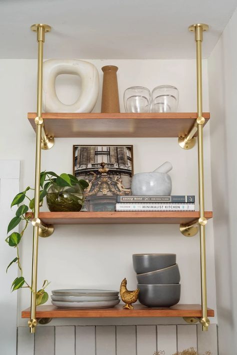 Modular Brass French Bistro Shelving Unit Glass and Wood Shelving Available the Origin Standard Shelving Unit Brass Hardware - Etsy Shelves For Bar, French Bistro Shelving, Kitchen Shelving Ideas, Bistro Shelving, Style Shelving, Brass Shelving, Brass Pipe Fittings, Kitchen Shelving, Kitchen Custom