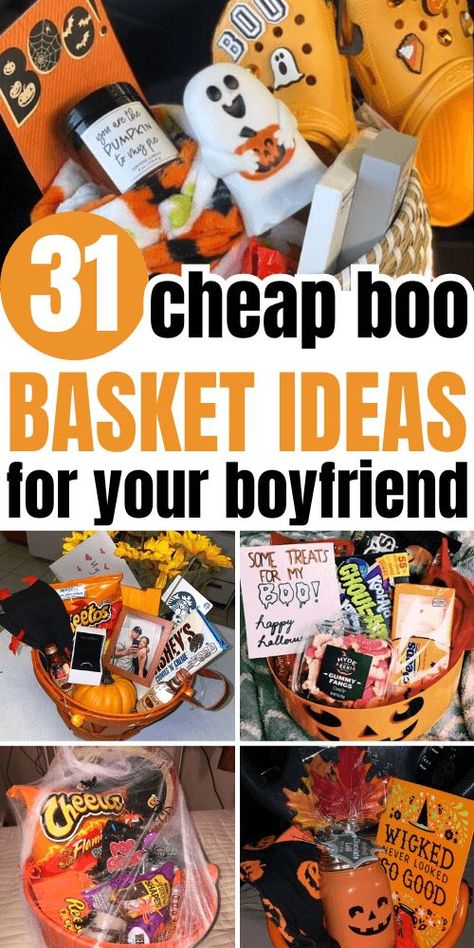 Boo Basket Ideas for Boyfriend Boo Basket Ideas For Boyfriend, Spooky Basket Ideas, Boo Basket Ideas, Basket Ideas For Boyfriend, Diy Halloween Gifts, Spooky Basket, Creepy Halloween Food, Fall Gift Baskets, Boo Gift