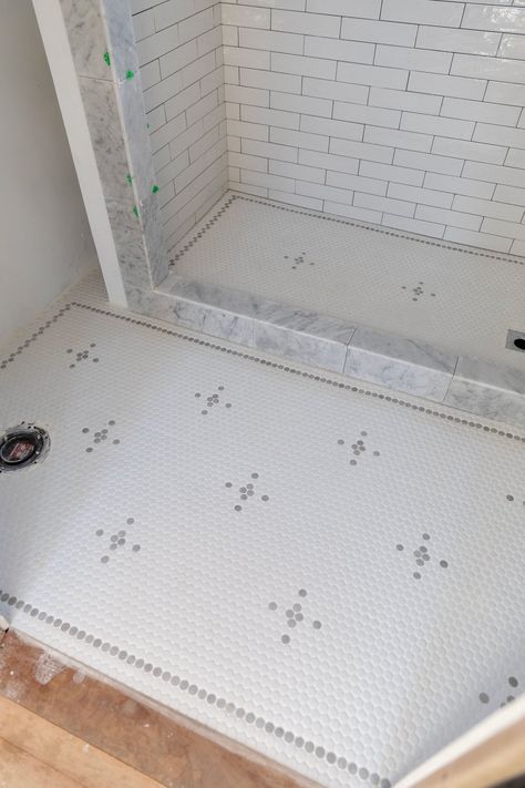 Our DIY Patterned Penny Tile Floor at the Poplar Cottage — The Grit and Polish Penny Tile Writing, Beadboard Penny Tile Bathroom, Modern Penny Tile Bathroom, Laundry Room Penny Tile, Penny Tile Floor Pattern, Penny Tile Powder Room, Mountain Basement, Penny Tiles Bathroom Floor, Penny Tile Floor