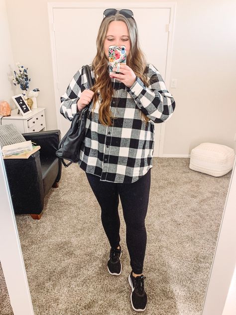 Black and white plaid flannel paired with black leggings, black and white sneakers, and a black purse. Flannel And Leggings, Lost Girl, Black And White Plaid, Long Sleeve Flannel, Big Girl, Girl Costumes, White Plaid, Plaid Flannel, Black Leggings