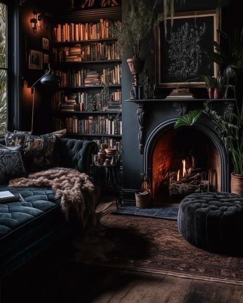 Dream Appartement, Dark Academia House, Dark Academia Living Room, Academia House, Dark Academia Interior, Dark Academia Home, Gothic Living Room, Goth House, Dark Living Rooms