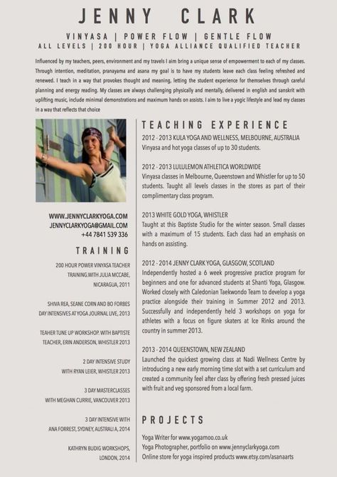 jennyclackresume Yoga Instructor Resume, Teacher Cv, Teacher Resume Examples, Yoga Teacher Resources, Teaching Resume, Resume Guide, Group Fitness Instructor, Teacher Resume Template, Yoga Business