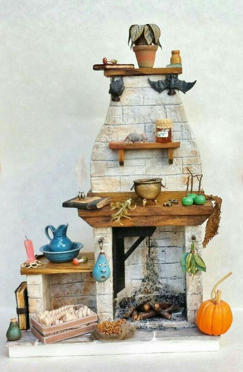 Fairie fireplace | fairiehollow.com Gnome Furniture, Wizard Miniatures, Fantasy Dollhouse, Witch Dollhouse, Witches Cottage, Miniature Witch, Lego Decorations, Rustic Fireplace, Haunted Doll